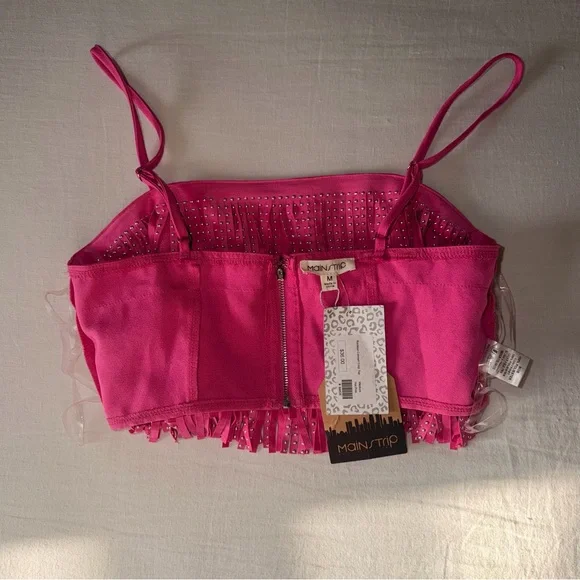 Main Strip Hot Pink Studded Fringe Crop Top - Picture 6 of 11